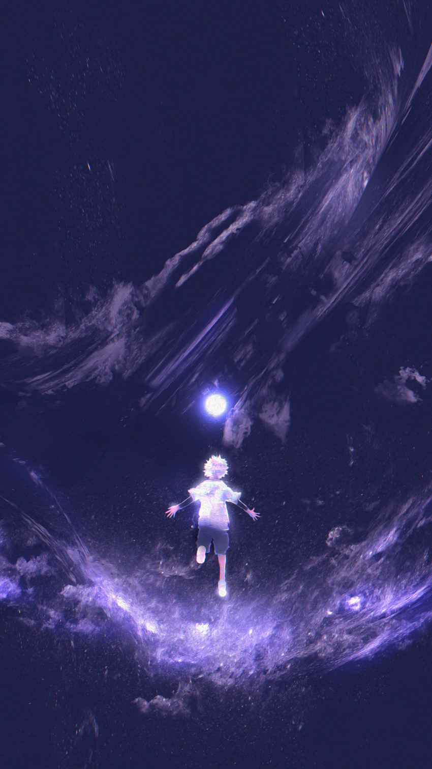 1boy absurdres black_shorts dkaism from_behind full_body glowing highres hunter_x_hunter killua_zoldyck male_focus non-web_source orb outstretched_arms running shirt short_hair shorts sky solo spiked_hair star_(sky) starry_sky white_hair white_shirt