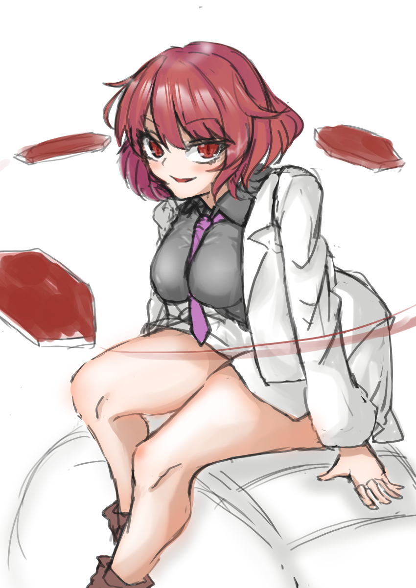 1girl absurdres breasts double_dealing_character highres horikawa_raiko jacket kuraki long_sleeves looking_at_viewer necktie purple_necktie red_eyes red_hair shirt short_hair skirt solo touhou white_jacket