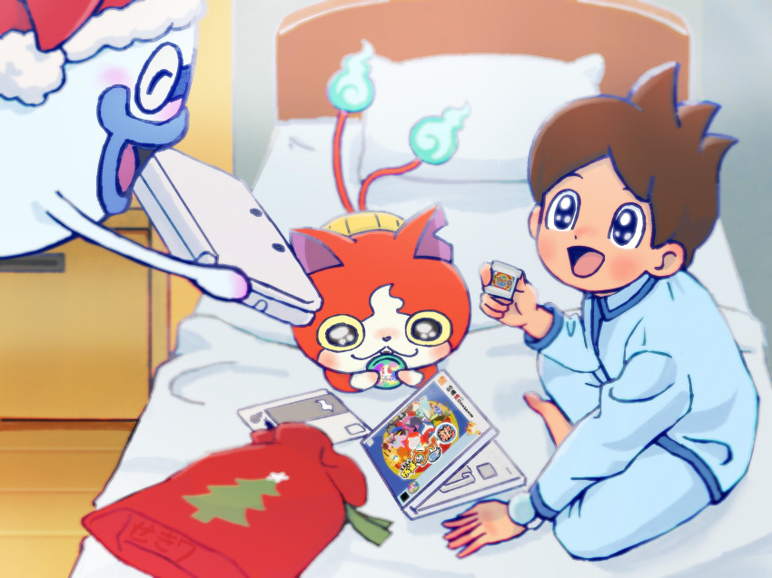 1boy amano_keita bad_tag barefoot bed bedroom blanket blush brown_hair cat child christmas ghost handheld_game_console hat jibanyan level-5 lying nintendo_3ds on_bed pajamas pillow santa_hat sekina1097 shota sitting smile whisper_(youkai_watch) youkai_watch