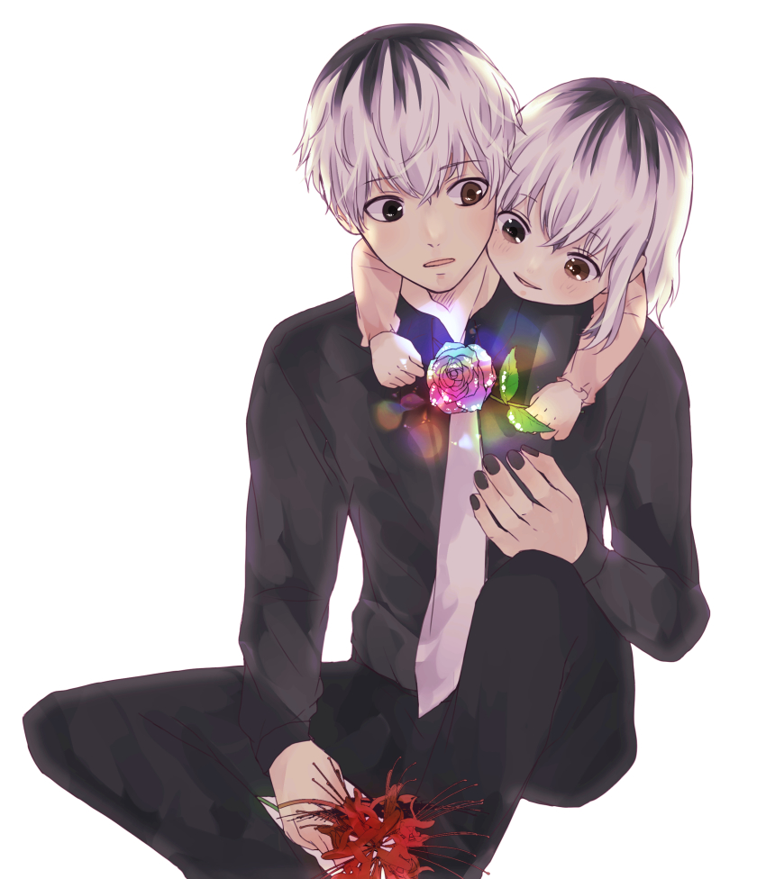 1boy 1girl absurdres bad_id bad_pixiv_id black_hair black_nails black_pants black_shirt blush father_and_daughter flower grey_hair grey_neckwear highres holding holding_flower hug kaneki_ichika knee_up looking_at_another multicolored_flower multicolored_hair multicolored_rose nail_polish necktie pants pink_flower pink_rose red_eyes red_flower rose sasaki_haise shirt short_hair simple_background smile spider_lily tokyo_ghoul tokyo_ghoul:re toukaairab two-tone_hair white_background white_hair