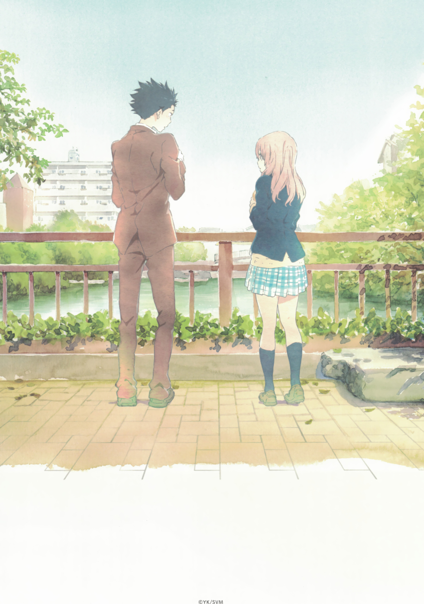 1boy 1girl absurdres apartment artist_request black_hair blazer blue_skirt bush fence formal_clothes full_body highres ishida_shouya jacket kneehighs koe_no_katachi nishimiya_shouko non-web_source official_art outdoors pink_hair plaid_clothes plaid_skirt river scan skirt socks suit tree water