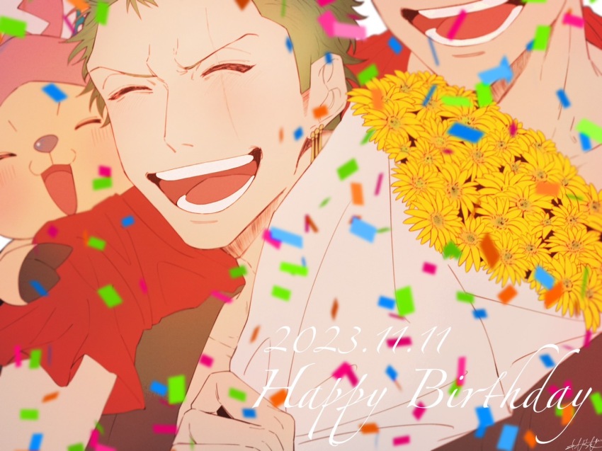 3boys :d blush bouquet close-up confetti dated flower green_hair happy_birthday holding holding_bouquet male_focus monkey_d._luffy multiple_boys one_piece open_mouth out_of_frame roronoa_zoro scar scar_across_eye scar_on_face short_hair smile solo_focus tony_tony_chopper wavi_savi