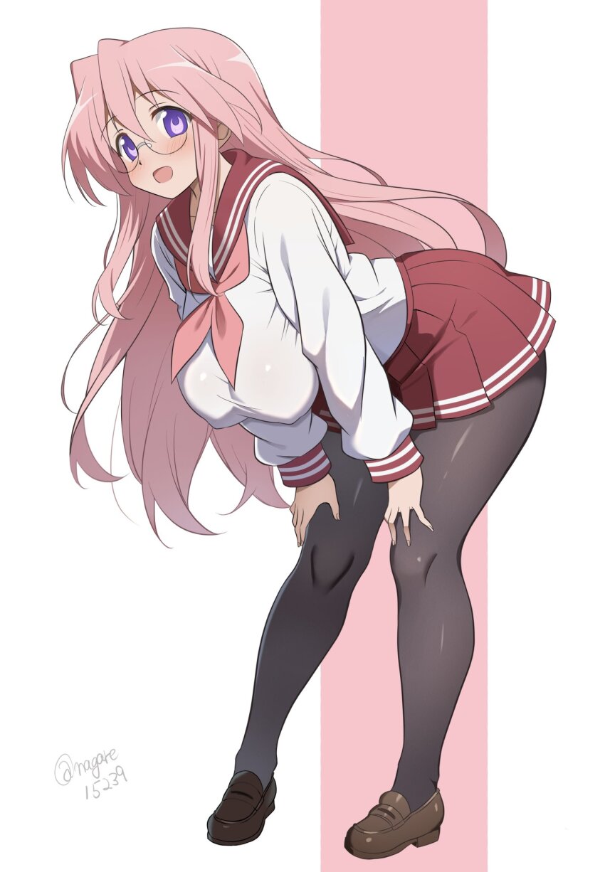 1girl alternate_body_size alternate_breast_size_(larger) bent_over black_pantyhose blush breasts brown_shoes commentary dated english_commentary full_body glasses highres huge_breasts loafers long_hair long_sleeves looking_at_viewer lucky_star miniskirt nagare_(flow) neckerchief open_mouth pantyhose pink_background pink_hair pink_neckerchief pleated_skirt purple_eyes red_sailor_collar red_skirt ryouou_school_uniform sailor_collar school_uniform shirt shoes skirt smile solo standing takara_miyuki thighs twitter_username two-tone_background white_background white_shirt winter_uniform