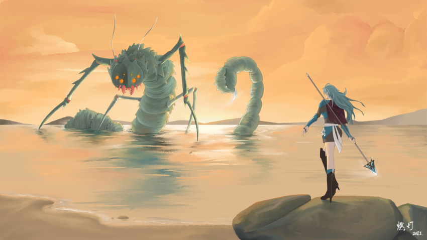 1girl alternate_costume alternate_form antennae arm_guards armor artist_name atmospheric_perspective belt blue_hair blue_skin boots boulder brown_jacket bug capelet carapace centipede chinese_commentary chinese_text chitin cloud cloudy_sky colored_skin commentary competition creative_commons creative_commons_version_4 creative_commons_with_attribution creative_commons_with_share-alike dated english_commentary epic giant giant_insect giant_male giant_monster glowing glowing_eyes glowing_weapon hair_blowing high_heel_boots high_heels highres holding holding_behind_back holding_polearm holding_polearm_behind_back holding_spear holding_weapon holding_weapon_behind_back horns imminent_fight in_water insignia jacket jointed_limbs joints knee_boots knee_raised long_hair looking_afar looking_at_another mandibles mascot mascots millipede monster mountainous_horizon no_socks orange_background orange_eyes outdoors pauldrons polearm puzzle_piece ran_deng reflection reflective_water rock scenery segmented_tail shore shoreline shoulder_armor sky spear spiked_shell spiked_tail standing standing_on_object standing_on_one_leg stinger tail walking_forward water weapon white_belt wikipe-tan wikipede wikipedia