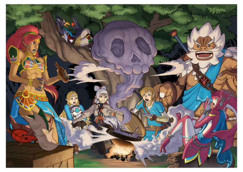 3boys 4girls 5ta2_5 5tatsu absurdres anklet beak beard bird_boy blonde_hair box campfire cooking daruk facial_hair fins fish_girl gerudo goron hair_bun head_fins highres hyrule_warriors:_age_of_calamity impa jewelry korok link long_hair mipha multiple_boys multiple_girls muscular muscular_female night nintendo open_mouth princess_zelda red_hair revali rito sash single_hair_bun skull smoke surprised sword terrako the_legend_of_zelda the_legend_of_zelda:_breath_of_the_wild tree urbosa very_long_hair weapon white_hair zora