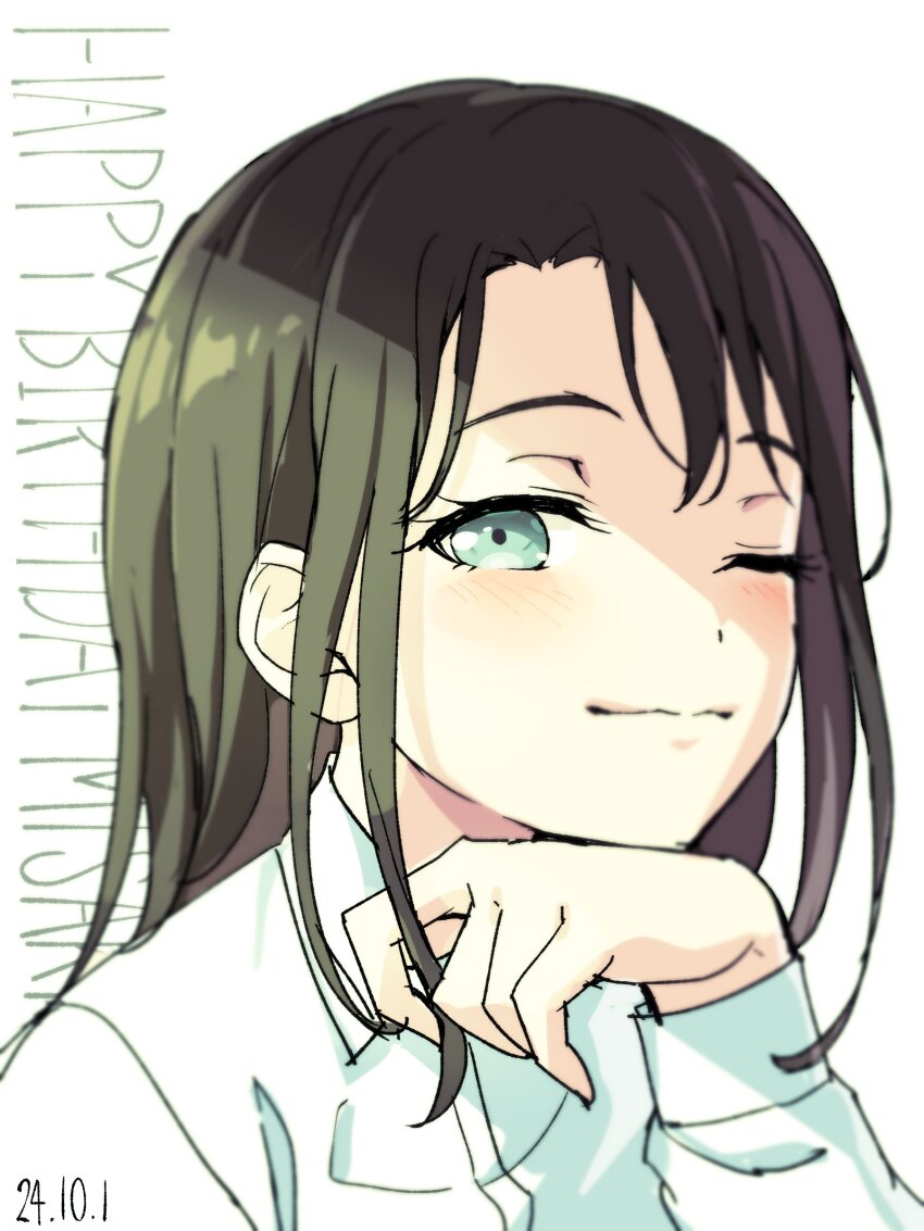 1girl absurdres bang_dream! black_hair dated happy_birthday highres looking_at_viewer nobusawa_osamu okusawa_misaki short_hair simple_background smile solo upper_body white_background
