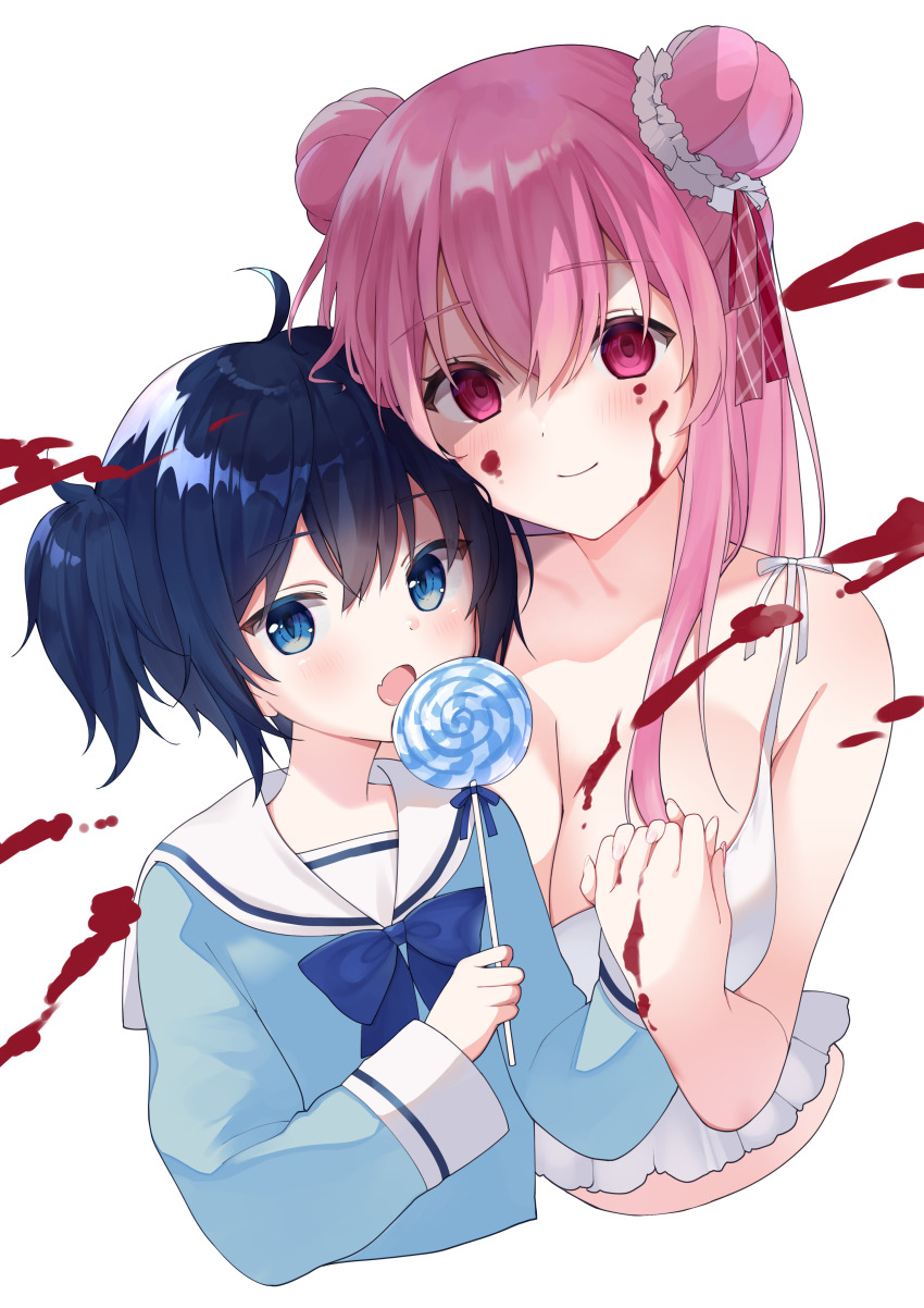 2girls absurdres ahoge bare_shoulders blood blood_on_breasts blood_on_face blood_on_hands blue_bow blue_bowtie blue_eyes blue_hair blue_ribbon blue_serafuku blush bow bowtie breasts camisole candy closed_mouth collarbone empty_eyes fang fingernails food hair_between_eyes hair_ribbon happy_sugar_life highres holding holding_candy holding_food holding_hands holding_lollipop koube_shio large_breasts lollipop long_hair long_sleeves looking_at_viewer matsuzaka_satou medium_hair multiple_girls nigi_(ngmnoym) pink_eyes pink_hair pink_nails pink_ribbon plaid_ribbon ribbon sailor_collar school_uniform serafuku simple_background skin_fang smile swirl_lollipop twintails white_background white_camisole white_ribbon white_sailor_collar