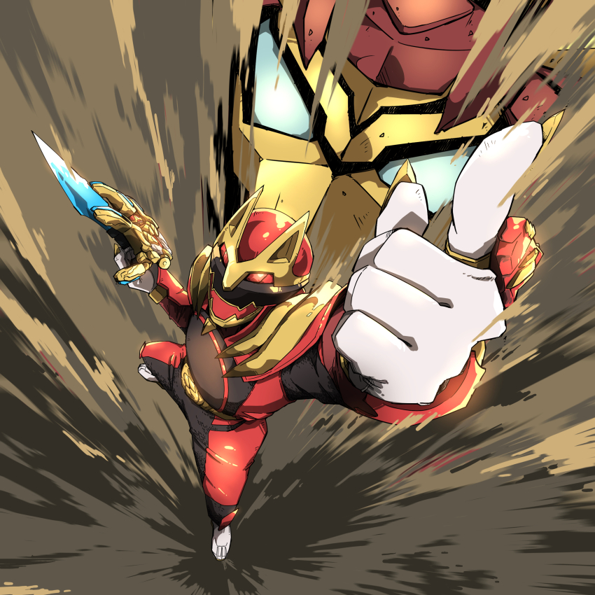 1boy 2025 20s absurdres adk-em arm_blade bandai bandai_namco buckle claws dust from_above gozyu_wolf helmet highres male_focus mecha naitsupic no.1_sentai_gozyuger pointing pointing_up robot super_sentai tegasword tegasword_(mecha) tegasword_red toei_company tokusatsu tsumegabuckle tv_asahi weapon