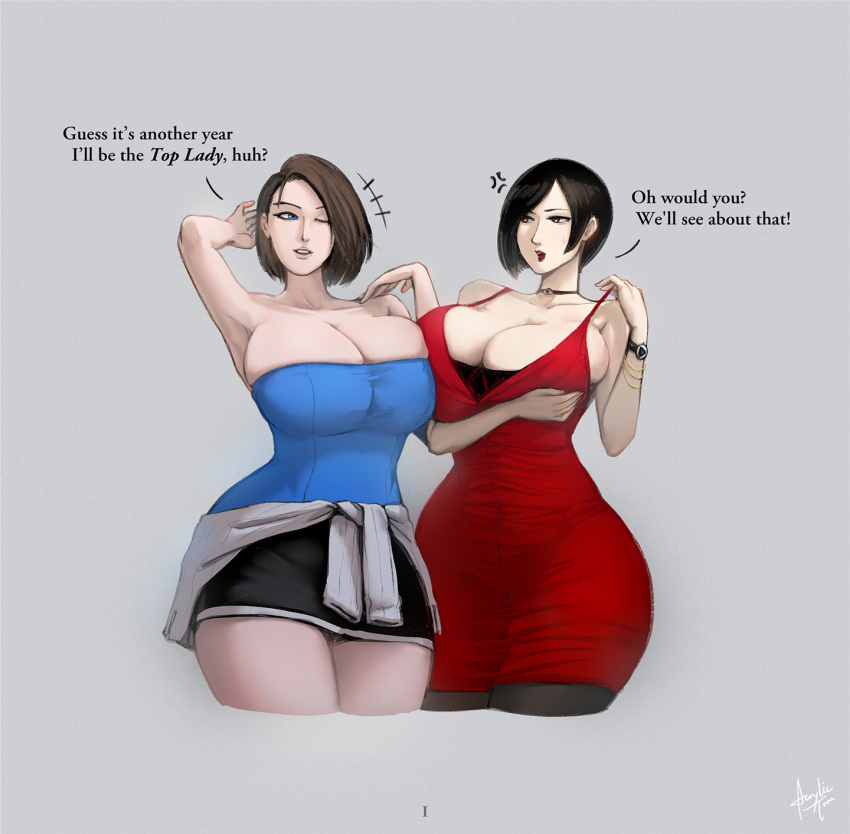 2girls acrylictoon ada_wong anger_vein arm_up armpits asymmetrical_docking blue_eyes breast_press breasts capcom cleavage curvy female_focus highres huge_breasts jill_valentine lipstick looking_at_another makeup multiple_girls red_eyes resident_evil resident_evil_2 resident_evil_3:_nemesis short_hair text_focus