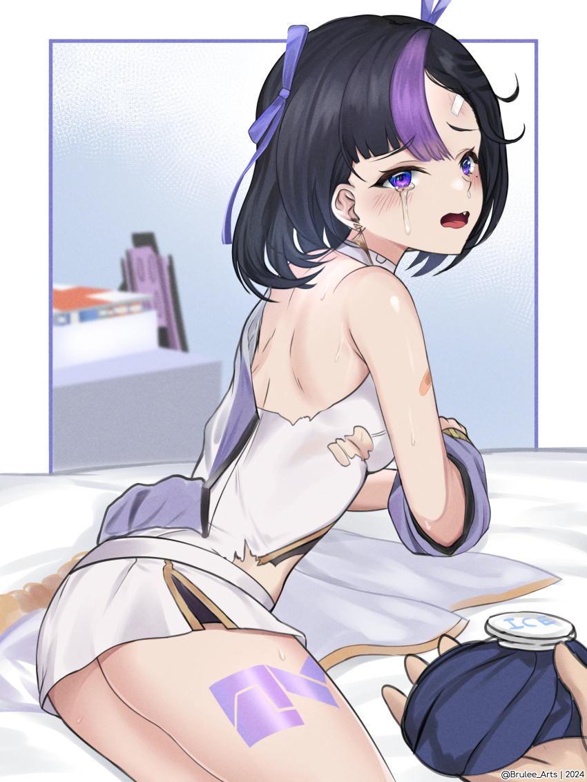 1girl absurdres ass black_hair breasts brulee crying crying_with_eyes_open earrings goddess_of_victory:_nikke hair_ribbon highres ice_pack jewelry leg_tattoo miniskirt multicolored_hair purple_eyes purple_hair purple_ribbon ribbon shirt short_hair skirt small_breasts solo streaked_hair syuen_(nikke) tattoo tears torn_clothes two-tone_hair white_shirt white_skirt