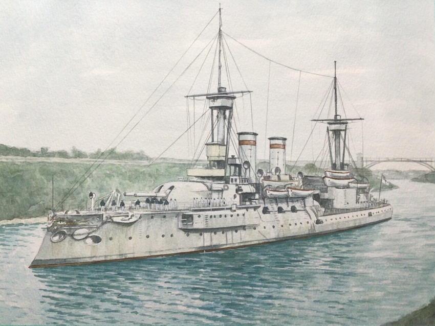 atelier_bono brandenburg_(battleship) cannon cloud cloudy_sky highres imperial_german_navy ironclad mast original painting_(medium) ship_turret sky smokestack traditional_media vehicle_focus warship watercolor_(medium)