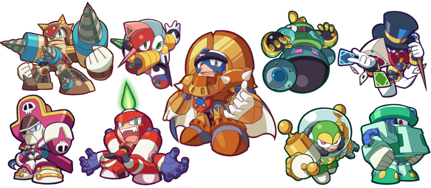 6+boys android armor astro_man burner_man capcom chibi cold_man dynamo_man everyone full_body ground_man kin_niku king_(mega_man) magic_man male_focus mega_man:_powered_up mega_man_&amp;_bass mega_man_(classic) mega_man_(series) multiple_boys pirate_man robot simple_background tengu_man white_background
