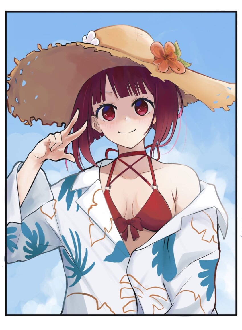 1girl arima_kana bikini blue_sky bob_cut closed_mouth hat highres inverted_bob looking_at_viewer oshi_no_ko red_bikini red_eyes red_hair shirt short_hair sky smile solo straw_hat swimsuit swimsuit_under_clothes tsunkyunn w white_shirt