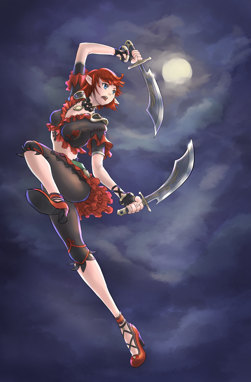 1girl absurdres black_choker black_pants black_shirt blue_eyes bracelet breasts cactus41747280 capri_pants choker cloud d: dancer dancer_(final_fantasy) dual_wielding elf elvaan final_fantasy final_fantasy_xi flamenco floral_print full_body full_moon heart high_heels highres holding holding_sword holding_weapon hume jewelry leg_up lilisette medium_breasts moon open_mouth orange_shoes pants pointy_ears red_hair rose_print shirt shoes short_hair solo sword weapon