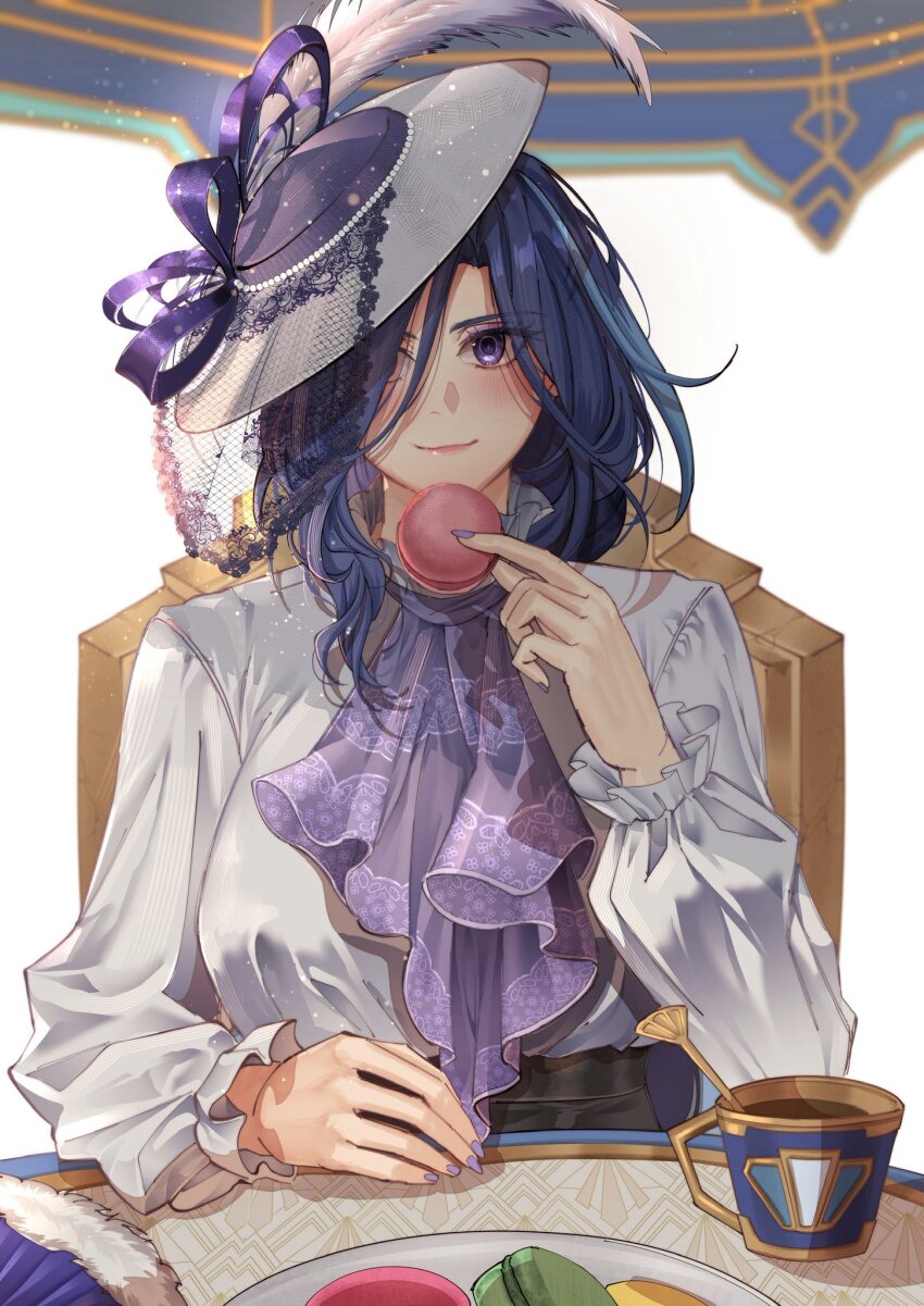 1girl alternate_costume ascot blue_hair blush breasts chair clorinde_(genshin_impact) closed_mouth commentary cup english_commentary food frills genshin_impact hair_between_eyes hair_over_one_eye hat hat_feather highres holding holding_food large_breasts long_hair long_hair_between_eyes looking_at_viewer macaron plate purple_ascot purple_eyes purple_nails rchella shirt sitting smile solo table teacup white_shirt