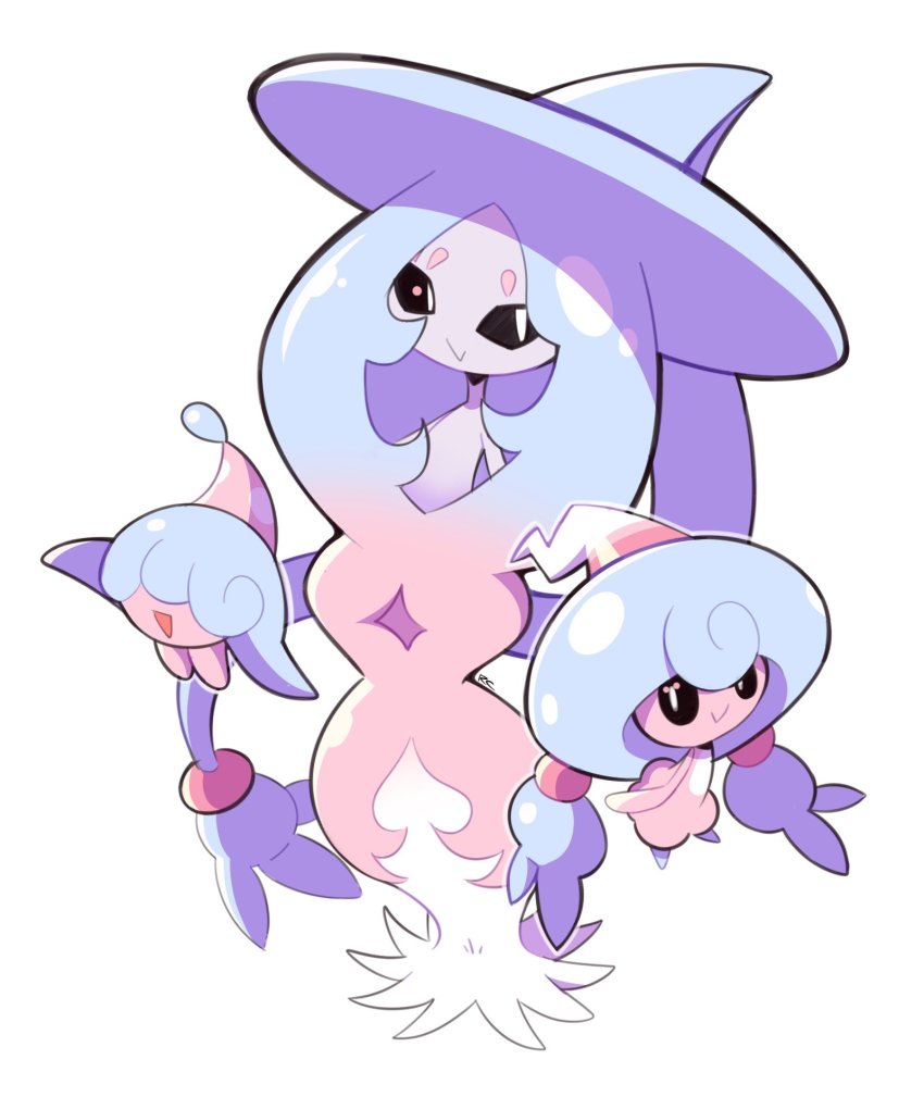 :&gt; artsy-rc closed_mouth commentary english_commentary evolutionary_line gen_8_pokemon hatenna hatterene hattrem highres looking_at_viewer nintendo pokemon pokemon_(creature) signature simple_background smile white_background