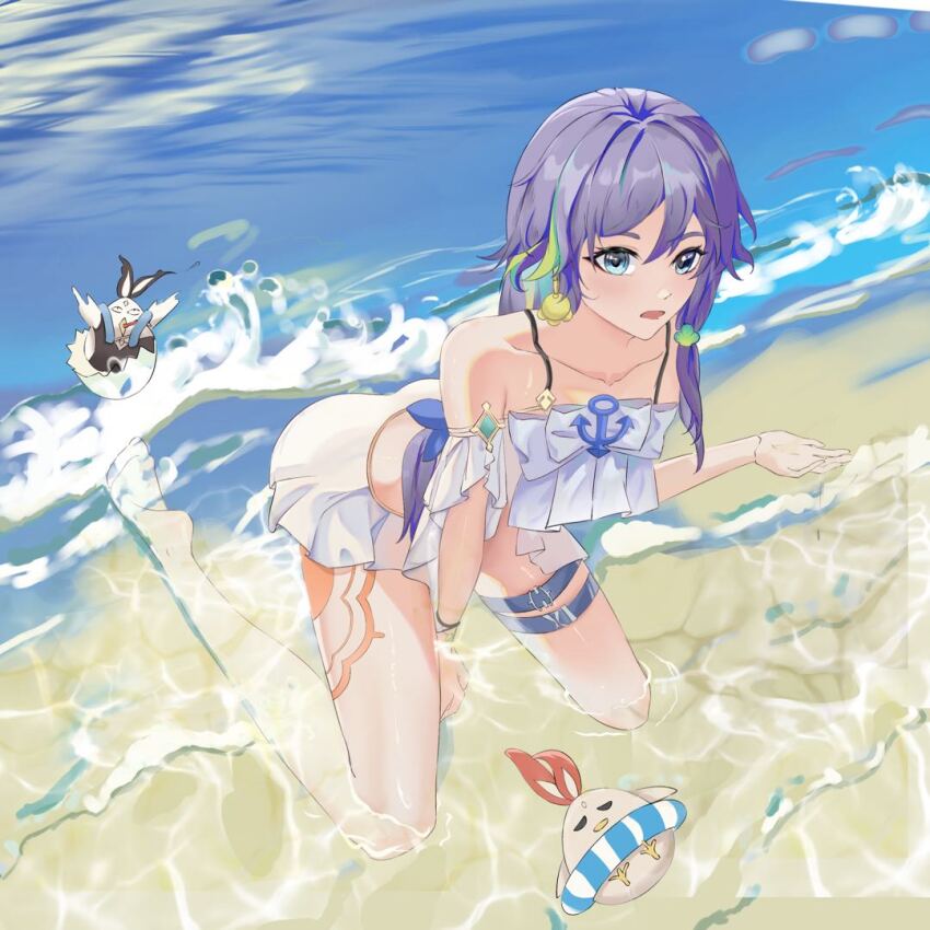 1girl beach bikini blonde_hair blue_eyes blue_hair eyewear_on_head fu_hua fu_hua_(seagull&#039;s_soar) fu_hua_(shadow_knight) grey_hair hair_between_eyes hair_ornament honkai_(series) honkai_impact_3rd jewelry jingwei_(bird) lalala46802617 leg_tattoo long_hair low-tied_long_hair low_ponytail multicolored_hair ocean official_alternate_costume open_mouth ponytail sleeveless solo streaked_hair sunglasses swimsuit tattoo thighs wet white_bikini white_swimsuit