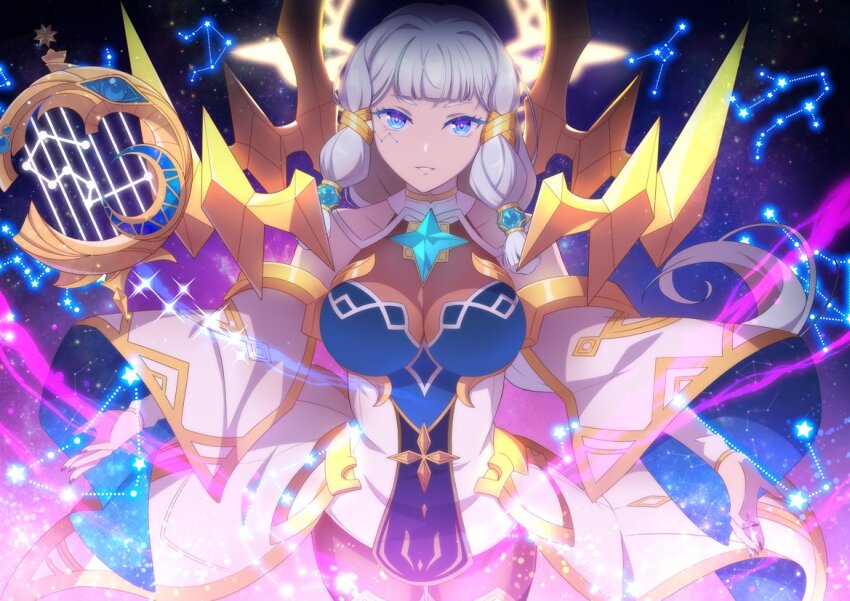 1girl aries_(constellation) astromancer_elena_(epic_seven) cancer_(constellation) capricorn_(constellation) constellation constellation_print constellation_tattoo detached_sleeves elena_(epic_seven) epic_seven facial_tattoo gemini_(constellation) halo halo_behind_head harp instrument libra_(constellation) looking_at_viewer pisces_(constellation) rin_ateria sagittarius_(constellation) solo tagme tattoo taurus_(constellation) white_hair