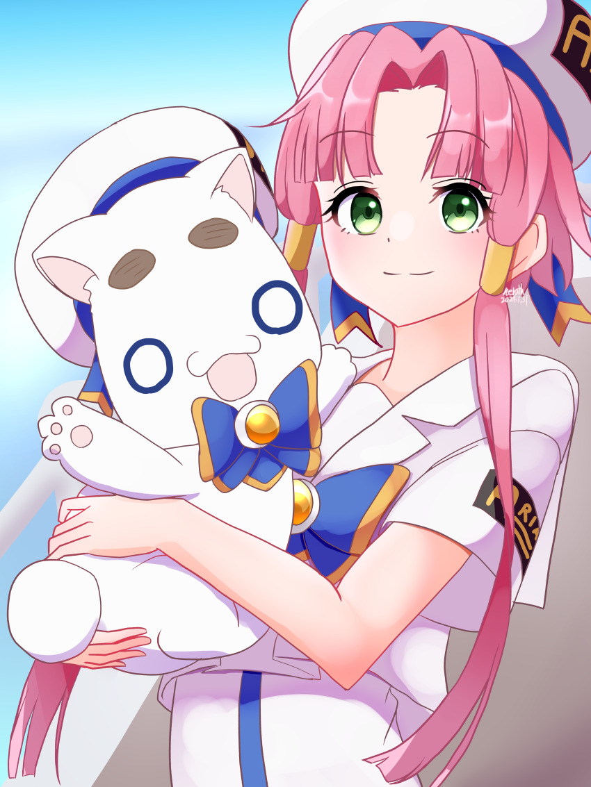 1girl absurdres animal aria_(manga) aria_company_uniform aria_pokoteng beret blue_bow blue_bowtie blue_ribbon blue_sky blush bow bowtie cat closed_mouth dated day gold_trim green_eyes hair_tubes hat hat_ribbon highres holding holding_animal holding_cat looking_at_viewer mizunashi_akari neruth open_mouth outdoors parted_bangs pink_hair ribbon sailor_collar shadow short_hair_with_long_locks short_sleeves signature sky smile upper_body white_hat