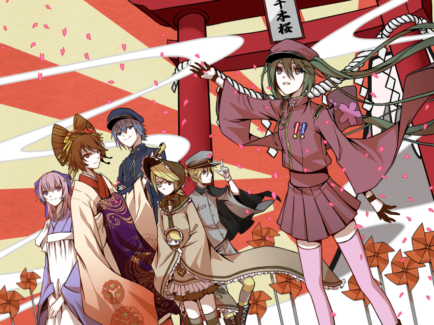 2boys 4girls cross_akiha hatsune_miku japanese_clothes kagamine_len kagamine_len_(ni_no_sakura_senbu) kagamine_rin kagamine_rin_(ni_no_sakura_kouchou) kaito_(rei_no_sakura_sousetsu)_(vocaloid) kaito_(vocaloid) kiseru megurine_luka megurine_luka_(san_no_sakura_fuuka) meiko_(rei_no_sakura_benitsubaki)_(vocaloid) meiko_(vocaloid) multiple_boys multiple_girls pinwheel rope senbon-zakura_(vocaloid) shimenawa smoking_pipe thighhighs torii twintails vocaloid