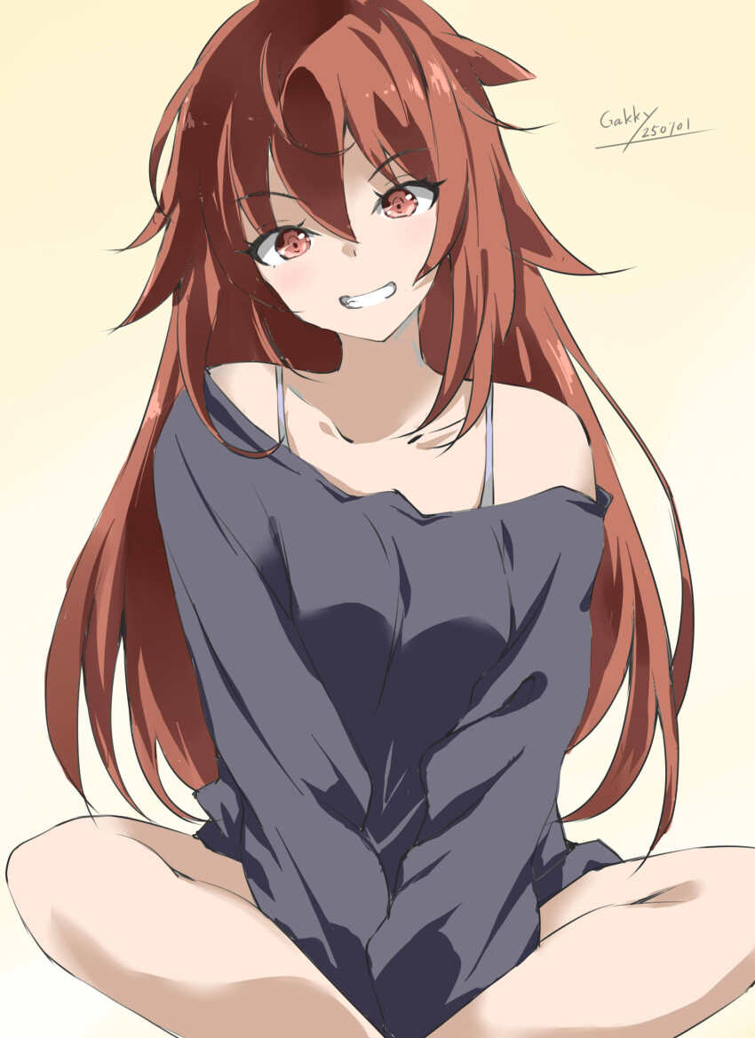 1girl black_sweater brown_eyes brown_hair commentary_request feet_out_of_frame gakky gradient_background grin hair_flaps highres indian_style kantai_collection long_hair one-hour_drawing_challenge orange_background shiratsuyu_(kancolle) shiratsuyu_kai_ni_(kancolle) sitting smile solo spaghetti_strap sweater