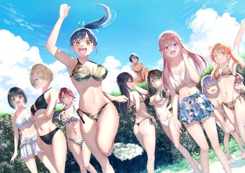 6+girls arms_up ass azuma_valentina bent_over bikini bikini_skirt black_bikini black_hair blonde_hair blue_eyes blue_hair breasts camouflage camouflage_bikini chiyoda_ririka cleavage closed_mouth dark_blue_hair day glasses green_eyes horizontal-striped_bikini hououji_akane kariyazaki_rei large_breasts long_hair looking_at_viewer looking_back makuzawa_ouka megami_no_cafe_terrace multiple_girls navel official_art one_eye_closed ono_shiragiku open_mouth orange_hair outdoors plaid_bikini plaid_clothes ponytail print_bikini purple_eyes red_eyes red_hair seo_kouji short_hair sky souya_moemi squatting standing standing_on_one_leg string_bikini swimsuit takasaki_mao thighs tsukishima_riho tsuruga_ami twintails white_bikini yellow_bikini yellow_eyes yoshino_hekiru