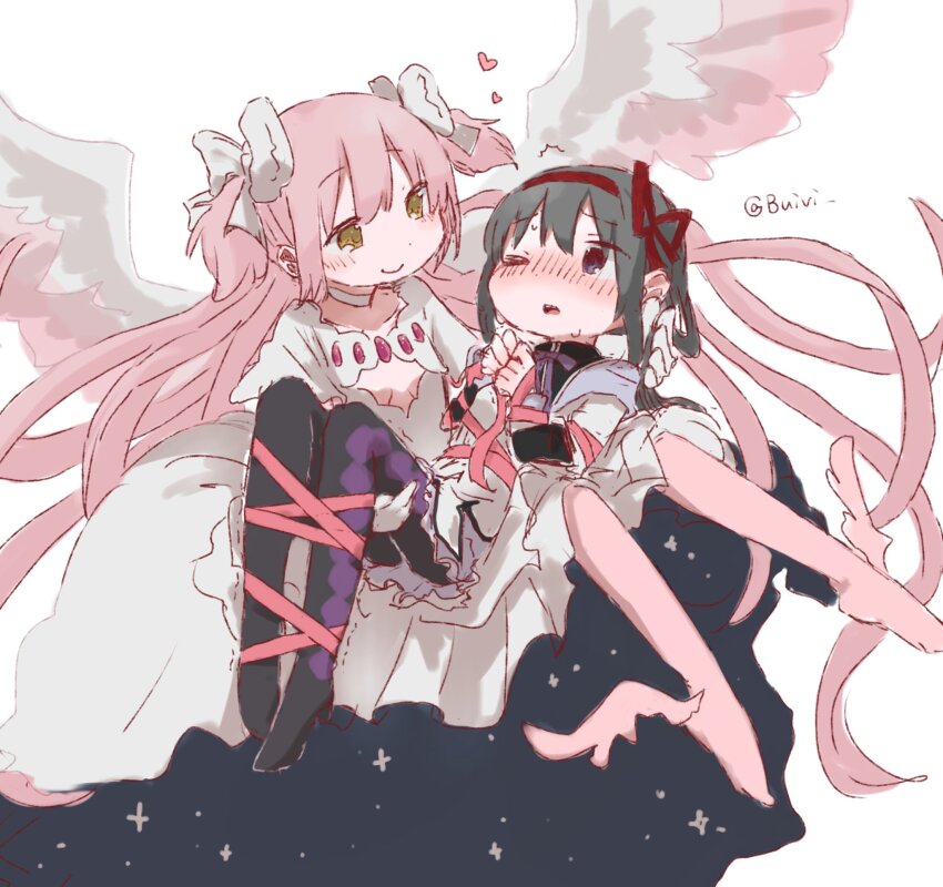 2girls akemi_homura akemi_homura_(magical_girl) ankle_wings black_hair black_pantyhose blush bow breasts buivi carrying cleavage_cutout closed_mouth clothing_cutout dress floating_hair hair_bow hairband heart highres kaname_madoka long_hair mahou_shoujo_madoka_magica mahou_shoujo_madoka_magica_(anime) multiple_girls one_eye_closed pantyhose pink_hair pink_pantyhose pink_ribbon princess_carry red_hairband ribbon small_breasts smile sweat twitter_username ultimate_madoka white_bow white_dress wings yellow_eyes yuri