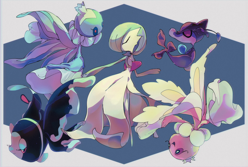 0_ici_0 absurdres blue_skin bob_cut closed_eyes colored_skin dress frillish frillish_(female) frillish_(male) gardevoir gen_3_pokemon gen_4_pokemon gen_5_pokemon gen_6_pokemon green_hair green_skin highres lumineon multicolored_skin nintendo no_feet pink_skin pokemon pokemon_(creature) purple_skin red_eyes skrelp two-tone_skin white_dress white_skin