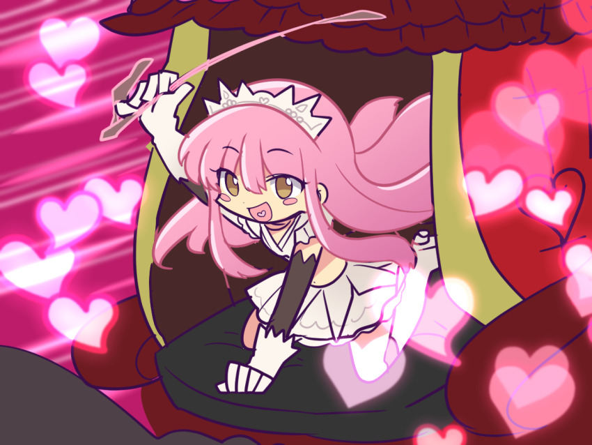 1girl blush_stickers boots brown_eyes commentary_request crown elbow_gloves fate/grand_order fate_(series) fukumitsu_(kirarirorustar) gloves heart heart_in_mouth holding holding_riding_crop layered_gloves long_hair medb_(fate) medb_(third_ascension)_(fate) midriff navel noble_phantasm_(fate) open_mouth parody pink_hair puyopuyo riding_crop shirt skirt solo style_parody very_long_hair white_boots white_gloves white_shirt white_skirt yellow_eyes