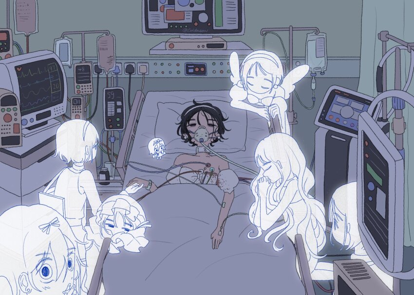6+girls alien_stage angel_wings bed black_hair blanket blood blood_on_clothes coldmeow dark detached_sleeves dress hairband half-closed_eyes highres hospital hospital_bed indoors looking_at_another multiple_girls multiple_persona on_bed oxygen_mask pillow puffy_short_sleeves puffy_sleeves purple_eyes short_hair short_sleeves sua_(alien_stage) white_dress white_hairband wings