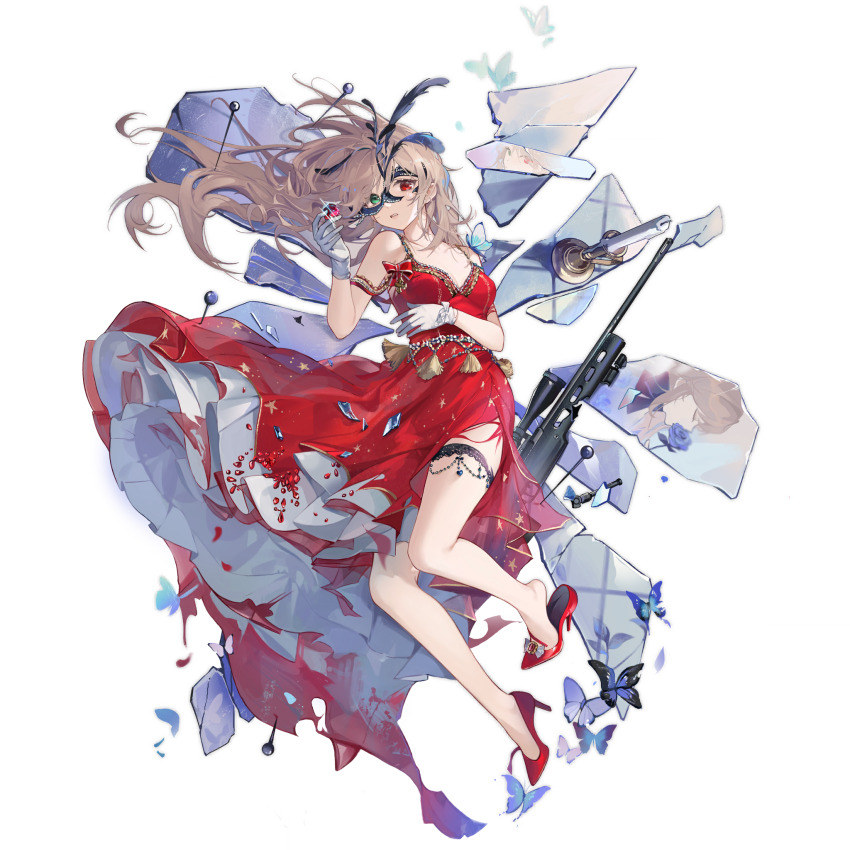 1girl black_mask blue_butterfly blue_flower blue_rose breasts broken broken_mirror broken_weapon brown_hair bug butterfly butterfly_request candle candlestand cleavage different_reflection domino_mask dress drill_hair feathers flower frilled_thigh_strap full_body gem girls&#039;_frontline gloves green_eyes heel_pop heterochromia high_heels highres holding holding_gem insect layered_dress looking_at_viewer lying mask medium_breasts miebao mirror official_alternate_costume official_art on_back parted_lips phantom_thief pin red_dress red_eyes red_gemstone red_shoes reflection rose scope shards shoes sig_ssg3000 simple_background solo sparkle ssg3000_(girls&#039;_frontline) ssg3000_(holy_maiden&#039;s_prayer)_(girls&#039;_frontline) thigh_strap third-party_source torn_clothes torn_dress torn_mask transparent_background twin_drills two_side_up weapon white_dress white_gloves