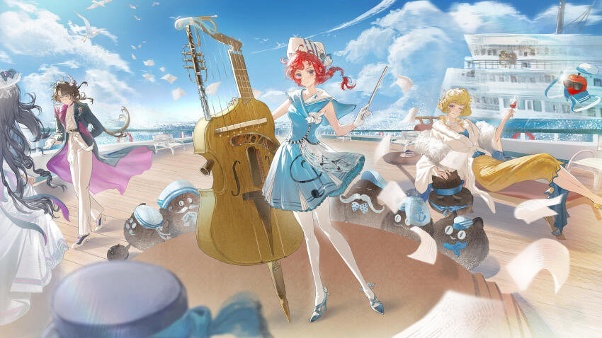 6+girls ;) absurdres alcohol apple apple_(reverse:1999) arms_behind_back barcarola_(reverse:1999) bare_shoulders beamed_sixteenth_notes bench bird black_coat black_hair blonde_hair blue_bow blue_bowtie blue_eyes blue_footwear blue_shirt blue_skirt blue_sky blurry blurry_foreground boater_hat bow bow_(music) bowtie braid braided_ponytail brown_eyes brown_footwear brown_hair carbuncle_(reverse:1999) closed_eyes cloud cloudy_sky coat creature cruise_ship cup dark-skinned_female dark_skin day deck_chair dixie_cup_hat dress drinking_glass eighth_note fake_facial_hair fake_mustache fatutu feather_boa feather_hair_ornament feathers floating_hair flying_paper food fruit full_body fur-trimmed_jacket fur_trim glasses gloves grey_bow grin hair_ornament hand_up hat hat_bow high_heels highres holding holding_bow_(music) holding_cup instrument isolde_(reverse:1999) jacket jiusheng_(huaichuan) kakania_(reverse:1999) kakania_(seminars_on_serenity)_(reverse:1999) long_dress long_hair long_skirt looking_at_viewer low_ponytail military_hat miniskirt mole mole_under_eye motion_blur ms._newbabel multiple_girls musical_note musical_note_print ocean official_alternate_costume one_eye_closed outdoors pants pantyhose paper park_bench pencil_skirt ponytail print_skirt purple_hat railing red_hair reverse:1999 round_eyewear sailor_collar scenery ship shirt short_hair sitting skirt skirt_hold sky sleeveless sleeveless_shirt smile standing sunglasses treble_clef twin_braids vertin_(reverse:1999) very_long_hair watercraft wavy_hair white_bird white_dress white_feathers white_gloves white_hat white_pants white_pantyhose white_shirt wide_shot wine wine_glass wooden_floor yellow_skirt