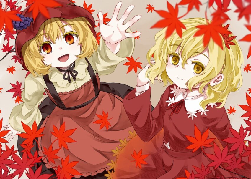 2girls aki_minoriko aki_shizuha autumn_leaves blonde_hair dress falling_leaves fruit_hat_ornament hat leaf long_sleeves mob_cap multiple_girls outstretched_hand red_dress red_eyes red_headwear shirt smile touhou yellow_eyes yellow_shirt zetsumame