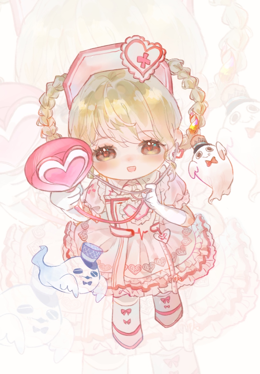 1girl absurdres azi_butaizi blonde_hair bow bow_legwear braid braided_hair_rings cardiogram cardiogram_print chibi chinese_commentary cleavage_cutout clothing_cutout collared_dress commentary_request cross cross_print dot_nose dress earrings frilled_dress frilled_sleeves frills ghost gloves hair_rings happy hat hat_ornament heart heart_earrings heart_hat_ornament heart_print highres holding holding_stethoscope infinity_nikki jewelry kneehighs light_blush loose_hair_strand medium_dress nikki_(series) nurse nurse_cap open_mouth pink_bow pink_dress pink_hat pink_shoes pleated_dress puffy_short_sleeves puffy_sleeves shoes short_hair short_sleeves smile socks solo standing stethoscope sweet_diagnosis_(infinity_nikki) swept_bangs teeth upper_teeth_only white_background white_gloves white_socks zoom_layer