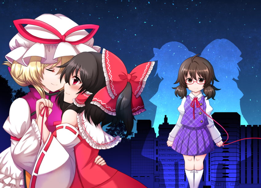 3girls ahoge alternate_hairstyle black_hair blonde_hair blush bow brown_eyes brown_hair cityscape closed_eyes collared_shirt commentary_request detached_sleeves dress face-to-face forest frilled_dress frilled_shirt_collar frills glasses hair_between_eyes hair_bow hair_tubes hair_up hakurei_reimu hand_on_another&#039;s_back hat hat_ribbon hug kneehighs long_sleeves looking_at_another low_twintails maribel_hearn mob_cap multiple_girls nature night night_sky no_headwear plaid_clothes plaid_skirt plaid_vest pleated_skirt ponytail puffy_long_sleeves puffy_sleeves purple_skirt purple_vest red-framed_eyewear red_shirt red_skirt ribbon ribbon-trimmed_sleeves ribbon_trim school_uniform semi-rimless_eyewear shiohachi shirt short_hair short_ponytail sidelocks silhouette skirt sky smile socks star_(sky) starry_sky string string_of_fate tabard touhou twintails under-rim_eyewear usami_renko usami_sumireko vest white_dress wide_sleeves yakumo_yukari