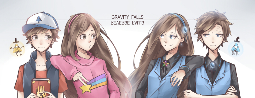 2boys 2girls 2others aqua_eyes aqua_vest ascot baseball_cap bill_cipher black_shirt book brooch brother_and_sister brown_hair collared_shirt copyright_name creature dark_persona dipper_gleeful dipper_pines dual_persona eye_contact facial_mark floating forehead_mark formal_clothes gem glowing_jewelry gravity_falls hair_ornament hairband hat jewelry long_hair looking_at_another mabel_gleeful mabel_pines multiple_boys multiple_girls multiple_others pentagram pink_sweater reverse_falls_(gravity_falls) shirt short_hair siblings sweater swept_bangs top_hat twins v vest will_cipher