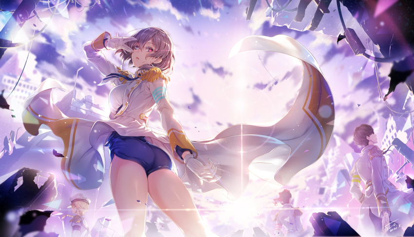 1girl 3boys ass back blonde_hair braid breasts brown_hair corset damaged debris glasses gloves glowing glowing_eye gridman_universe highres instance_domination jacket juuga large_breasts looking_at_viewer medium_hair military_jacket mujina multiple_boys necktie onija purple_corset purple_hair purple_shorts red_hair ruins short_hair short_necktie shorts sizumu sky ssss.dynazenon sunlight tel-o white_gloves white_jacket wreckage