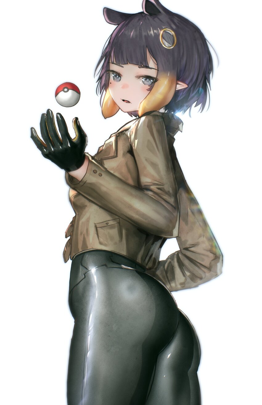1girl absurdres advarcher ass black_bodysuit black_gloves bodysuit bodysuit_under_clothes brown_jacket cosplay emma_(pokemon) emma_(pokemon)_(cosplay) gloves gradient_hair grey_eyes highres hololive hololive_english jacket multicolored_hair ninomae_ina&#039;nis nintendo orange_hair pokemon pokemon_legends:_z-a purple_hair simple_background solo tentacle_hair virtual_youtuber white_background