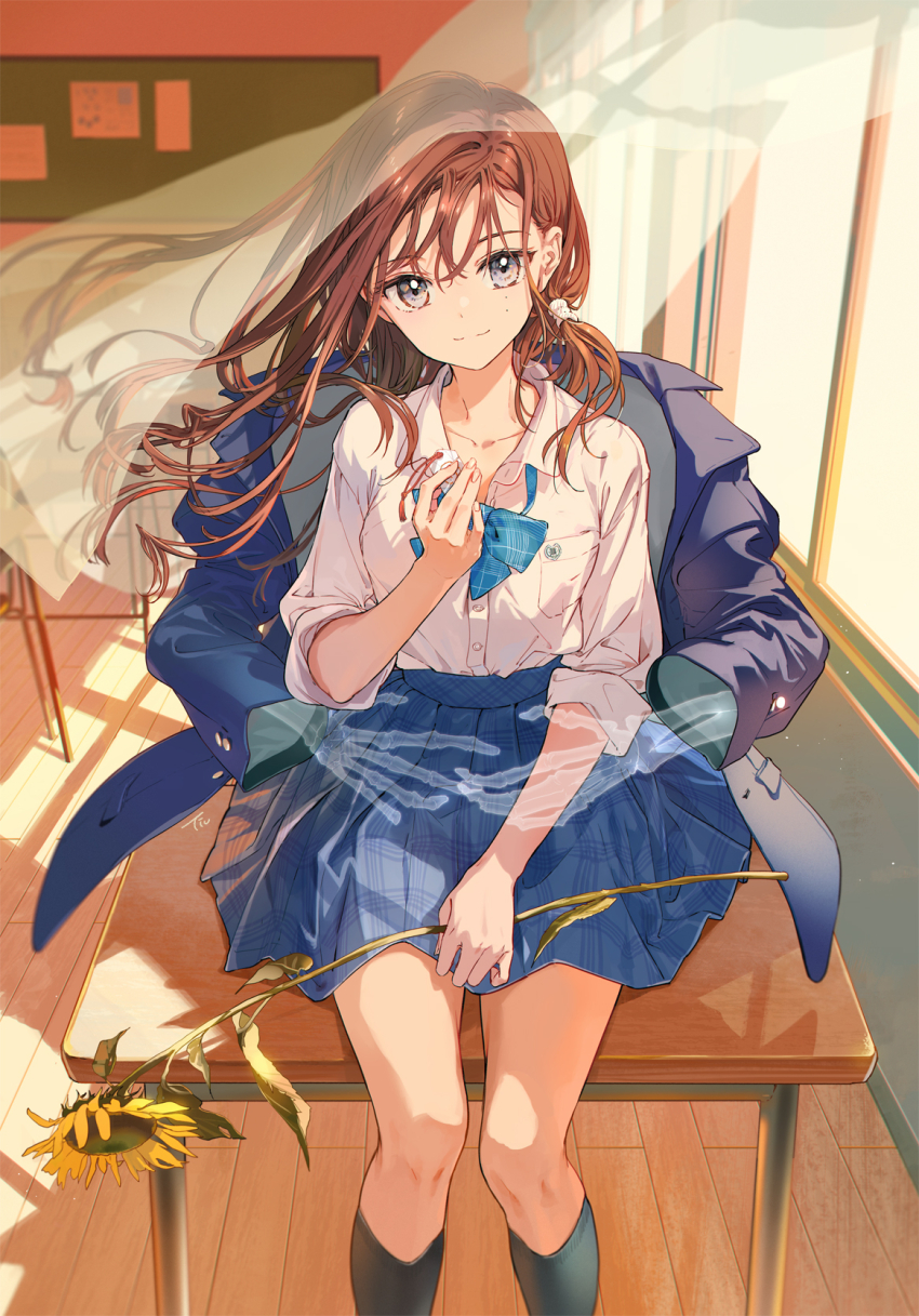 1girl artist_name black_socks blazer blue_bow blue_bowtie blue_coat blue_jacket blue_skirt blurry blurry_background bow bowtie brown_hair chair classroom closed_mouth coat collarbone collared_shirt commentary_request curtains dappled_sunlight depth_of_field desk dress_shirt feet_out_of_frame flower ghost grey_eyes hair_spread_out hand_up highres holding holding_flower indoors jacket kneehighs light_particles light_rays long_hair long_sleeves looking_at_viewer on_desk original pleated_skirt purple_eyes revision school_desk school_uniform shadow shirt signature sitting on_desk skirt smile socks solo sunbeam sunflower sunlight tiv white_shirt window wooden_floor yellow_flower
