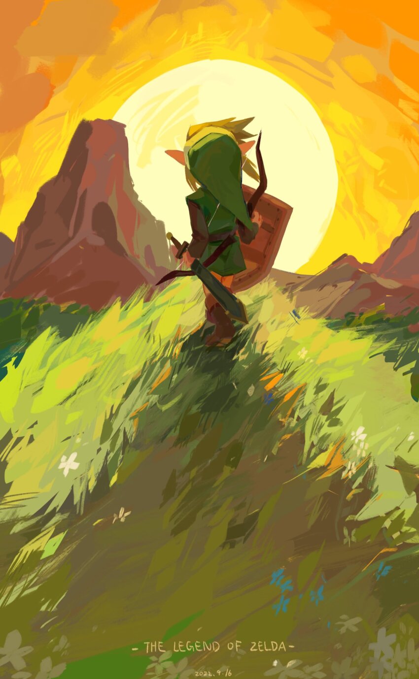 1boy bow_(weapon) copyright_name facing_away grass green_hat green_tunic hat highres holding holding_shield holding_sword holding_weapon link nintendo orange_sky outdoors shield sky solo standing sun sunset sword the_legend_of_zelda tunic weapon whitewood_0728