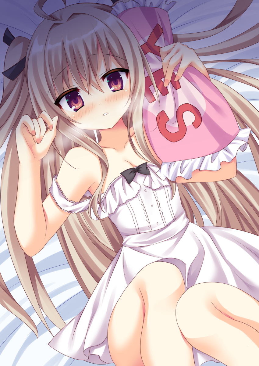 1girl ahoge atri atri-my_dear_moments- black_bow black_ribbon blush bow breasts breath brown_hair cleavage collarbone commentary_request dress dress_bow dutch_angle feet_out_of_frame frilled_dress frills from_above hair_between_eyes hair_intakes hair_ribbon hands_up highres hugging_object knees_up korokoro_cat long_hair looking_at_viewer lying nose_blush official_alternate_costume on_back on_bed parted_lips pillow pillow_hug pink_pillow red_eyes ribbon sleeveless sleeveless_dress small_breasts solo strap_slip two_side_up very_long_hair white_dress yes yes-no_pillow