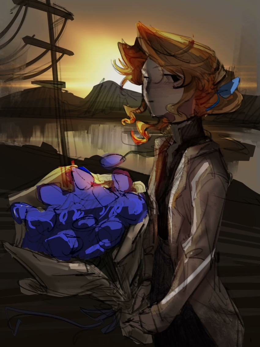 1girl alice_deross beijingban18388 black_eyes black_skirt black_sweater blonde_hair blue_bow blue_flower bouquet bow chinese_commentary closed_mouth commentary_request cowboy_shot curtained_hair flower hair_bow highres holding holding_bouquet identity_v lab_coat long_sleeves open_clothes outdoors parted_bangs power_lines short_hair sketch skirt solo sweater turtleneck turtleneck_sweater utility_pole