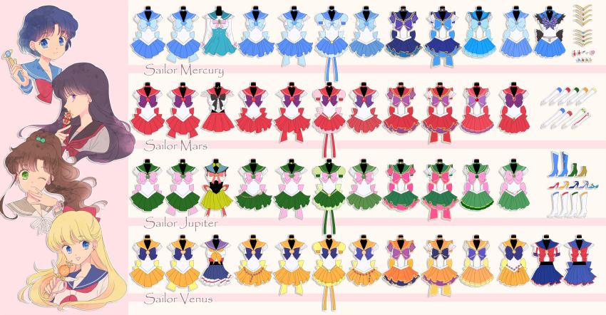 10s 4girls aino_minako bad_id bad_pixiv_id bishoujo_senshi_sailor_moon bishoujo_senshi_sailor_moon_crystal bishoujo_senshi_sailor_moon_stars black_bow black_hair blonde_hair blue_bow blue_eyes blue_footwear blue_hair blue_sailor_collar blue_skirt boots bow brooch brown_hair character_name choker costume_chart crop_top dark_mercury earrings elbow_gloves flower_earrings gloves green_bow green_eyes green_skirt hair_bow half_updo heart heart_brooch high_ponytail highres hino_rei inner_senshi jewelry kino_makoto knee_boots long_hair mars_symbol mercury_symbol mizuno_ami multiple_girls official_alternate_costume one_eye_closed orange_shoes pink_bow pleated_skirt ponytail purple_bow purple_eyes red_footwear red_skirt sailor_collar sailor_jupiter sailor_mars sailor_mercury sailor_moon_musical sailor_senshi sailor_senshi_uniform sailor_v sailor_venus saki_(hxaxcxk) shoes short_hair skirt smile star_(symbol) star_brooch super_sailor_jupiter super_sailor_jupiter_(stars) super_sailor_mars super_sailor_mars_(stars) super_sailor_mercury super_sailor_mercury_(stars) super_sailor_venus super_sailor_venus_(stars) tiara venus_symbol wand white_footwear white_gloves yellow_bow