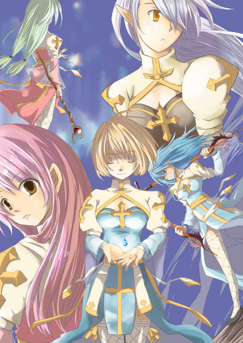2000s_(style) 5girls arch_bishop_(ragnarok_online) black_dress black_shoes blonde_hair blue_background blue_dress blue_hair breasts brown_eyes cleavage cleavage_cutout closed_eyes closed_mouth clothing_cutout commentary_request cowboy_shot cross dress dutch_angle fishnet_thighhighs fishnets frilled_thighhighs frills green_hair grey_hair highres holding holding_staff juliet_sleeves long_hair long_sleeves looking_afar looking_at_viewer looking_back medium_breasts multiple_girls orange_eyes pink_dress pink_hair pointy_ears puffy_sleeves ragnarok_online sash shoes short_hair smile staff thighhighs two-tone_dress upper_body white_dress white_thighhighs yellow_sash yuina_(yuina_h)