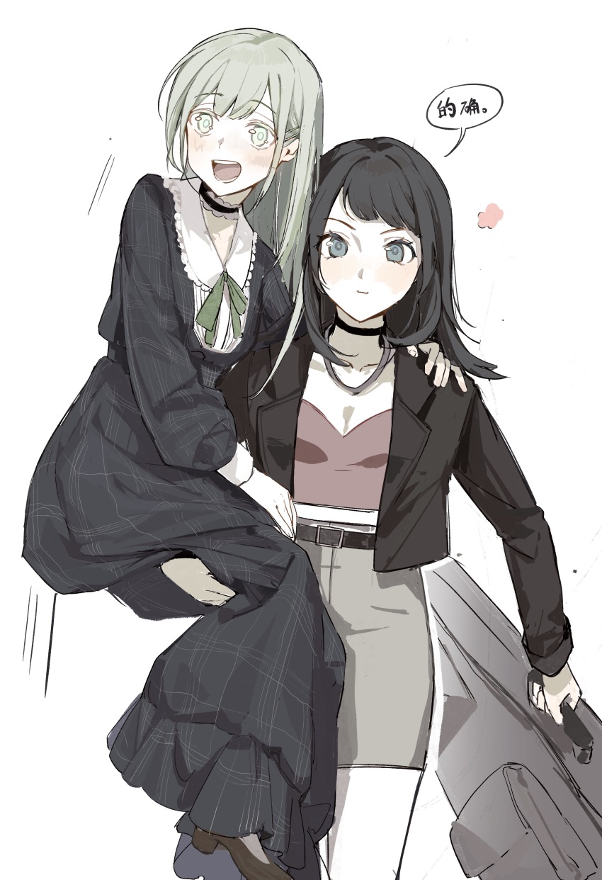 2girls :d absurdres arm_around_shoulder bang_dream! bang_dream!_it&#039;s_mygo!!!!! belt belt_buckle black_belt black_choker black_dress black_hair black_jacket blue_eyes blue_ribbon blush brown_shoes brown_shorts buckle carrying carrying_person child_carry chinese_text choker closed_mouth collarbone cowboy_shot crop_top dress flower_symbol frilled_choker frills green_eyes green_hair guitar_case hair_ornament hairclip hand_on_another&#039;s_shoulder highres holding instrument_case jacket kuliukunkunkunkunkunkunkun light_smile long_dress long_hair long_sleeves looking_ahead midriff mortis_(bang_dream!) mortis_(persona)_(bang_dream!) motion_lines multiple_girls neck_ribbon open_clothes open_jacket open_mouth red_shirt ribbon shirt shoes shorts simple_background smile speech_bubble standing translation_request wakaba_mutsumi white_background yahata_umiri
