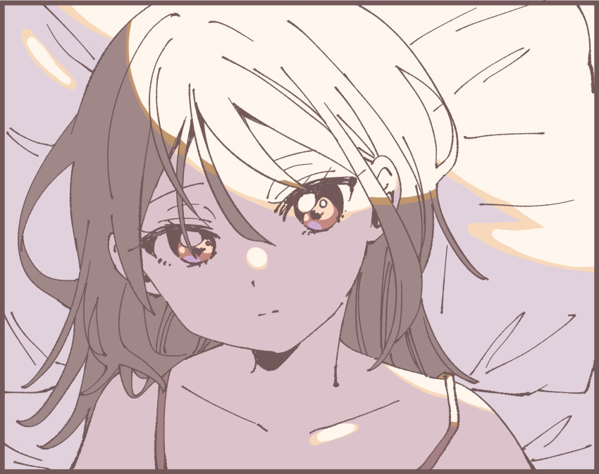 1girl bare_shoulders brown_eyes brown_hair closed_mouth collarbone expressionless eyelashes futon highres looking_at_viewer lying medium_hair namori original pillow sidelighting solo spaghetti_strap sunlight