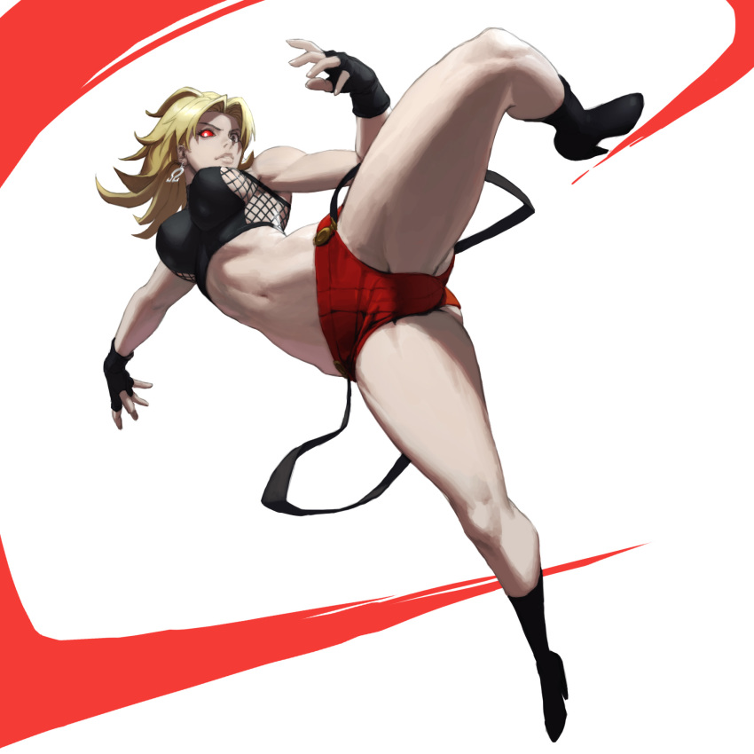 1girl blonde_hair breasts earrings female_focus genderswap genderswap_(mtf) genocide_cutter glowing glowing_eyes highres jewelry leg_lift long_hair loped navel rugal_bernstein simple_background snk solo the_king_of_fighters thighs