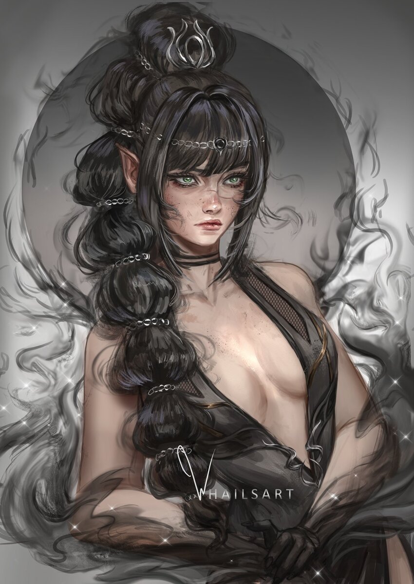 1girl arm_rest aura baldur&#039;s_gate baldur&#039;s_gate_3 bare_shoulders choker circlet dungeons_&amp;_dragons green_eyes high_ponytail highres long_hair no_bra pointy_ears ponytail shadowheart_(baldur&#039;s_gate) sitting solo whails