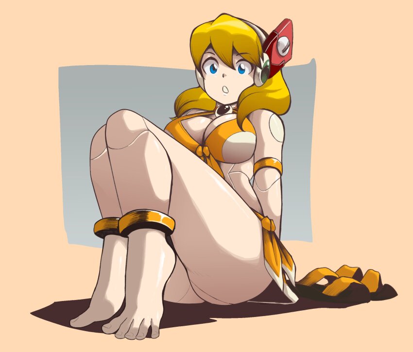1girl alia_(mega_man) bikini blonde_hair blue_background blue_eyes breasts brown_background cleavage full_body highres joints large_breasts medium_hair mega_man_(series) mega_man_x_(series) mega_man_x_dive robot_girl robot_joints sarong simple_background solo souldroids swimsuit yellow_bikini yellow_sarong