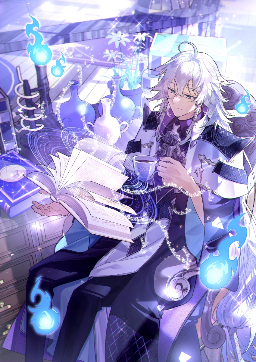 1boy absurdres ahoge bishounen black_pants black_shirt blue_eyes blue_fire book bookshelf braid candle candlestand chain chair closed_mouth coat cup earrings feet_out_of_frame fire floating floating_object glasses hair_between_eyes highres hitodama holding holding_book holding_cup indoors jewelry long_hair long_sleeves male_focus open_book pants reading robe shirt sitting smile solo sparkle table tassel teacup teapot very_long_hair welcome_to_dreamland white_hair wide_sleeves xi_yuu